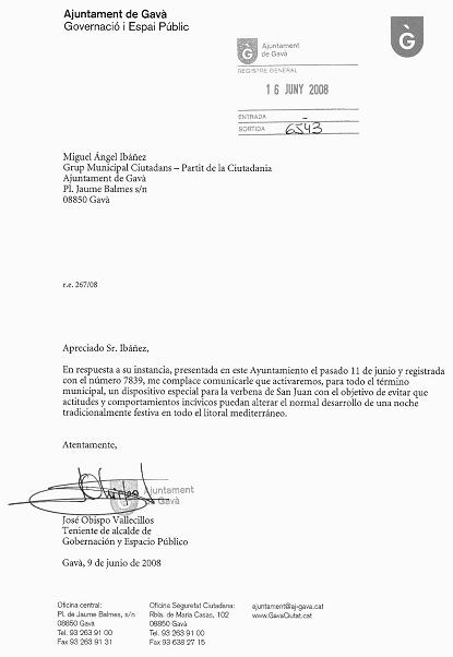 Resposta de l'Ajuntament de Gav&agrave; a la pregunta de C's-Gav&agrave; sobre el dispositiu policial per a la revetlla de Sant Joan 2008 (16 de Juny de 2008)